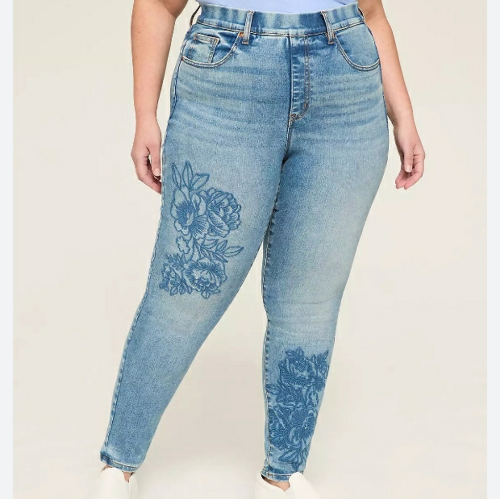 Lane Bryant Blue Floral Embroidered Skinny Jegging High Waisted Jeans 26